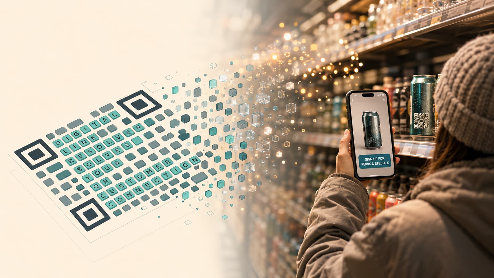 A stylised QR code, its modules spelling out the
                  DigitalLinkResolver name, dissolving into floating glass cubes
                  that drift across to a shopper in a supermarket aisle who is
                  holding a phone up to a can on the shelf.